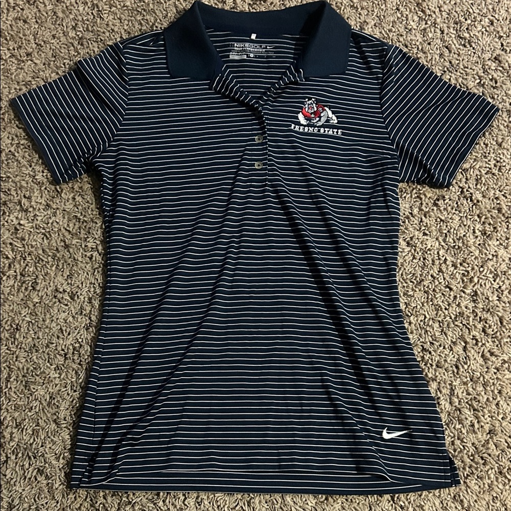 Fresno State women’s Nike Navy and White Striped Polo Shirt